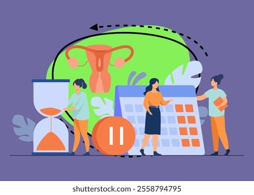 Female patient consulting doctor about reproductive health. Hourglass, calendar, pause button. Vector illustration for gynecology, menopause, estrogen replacement therapy concepts