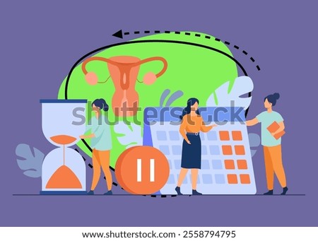 Female patient consulting doctor about reproductive health. Hourglass, calendar, pause button. Vector illustration for gynecology, menopause, estrogen replacement therapy concepts