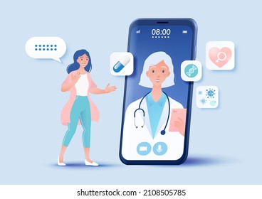 Female patient consulting doctor using online technology through smartphone app. Telemedicine concept vector illustration.