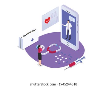 Female patient consults with online doctor by video call on the mobile phone, isometric vector concept