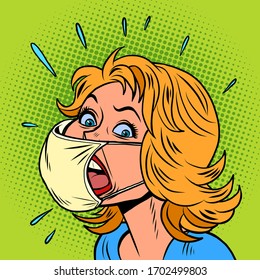 Female patient coughs, coronavirus infection. Comics caricature pop art retro illustration drawing