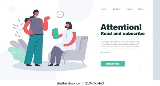 Female patient at counselling session at psychologist office. Therapist listening to woman flat vector illustration. Mental health, psychology concept for banner, website design or landing web page