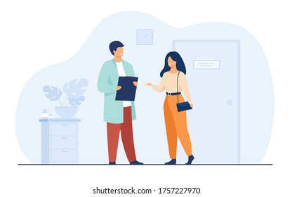 Female patient in doctor office flat vector illustration. Cartoon physician helping with diagnosis and medical therapy. Healthcare and hospital treatment concept