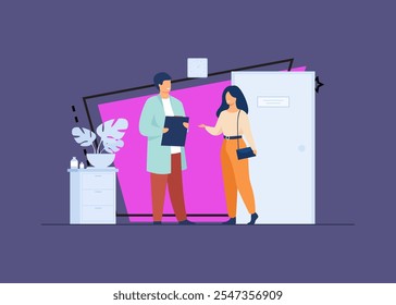 Female patient in doctor office flat vector illustration. Cartoon physician helping with diagnosis and medical therapy. Healthcare and hospital treatment concept