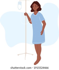 Female Patient With Dropper At Hospital. African Woman Standing With Intravenous Dropper Line. Flat Illustration Isolated. Vitamins Dripping, Iv Therapy, Cancer, Oncology. Health Care Recovery 