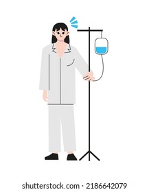 Female patient with dropper at hospital. Woman standing with intravenous dropper line. Vitamins dripping, Iv therapy, cancer, oncology. Health care recovery.  Flat drawn style vector design