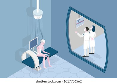 Female patient in a futuristic hospital. 
Two doctors examine the results of the tests and analysis. Medical concept.
