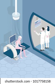 Female patient in a futuristic hospital. 
Two doctors examine the results of the tests and analysis. Medical concept.
