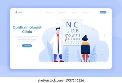 Female patient getting her eyesight checked by opthalmologist in clinic. Ophthalmologist is testing patient eyesight vision. Website, web page, landing page template. Flat cartoon vector illustration