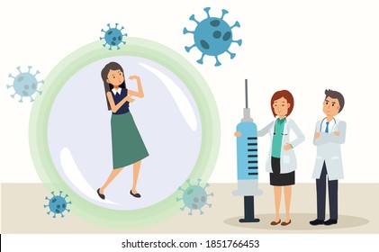 female patient got vaccine from doctors. Power of vaccine. immunity. coronavirus, Covid-19 concept. Vector flat cartoon character illustration