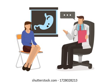 Female Patient having Gastroenterology Consultation with Doctor. Specialist advises with a X ray of the stomach. Flat cartoon character vector illustration isolated on white background.