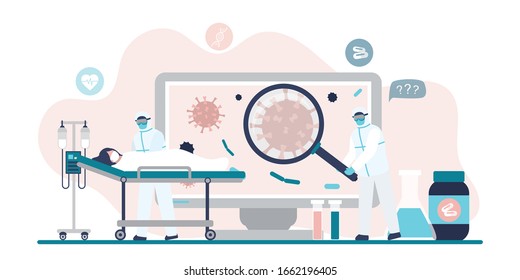 Female patient infected with virus and male doctors virologist studies the disease. Clinic room interior. Diagnosis and treatment of coronavirus. Healthcare,vaccine search concept. Vector illustration