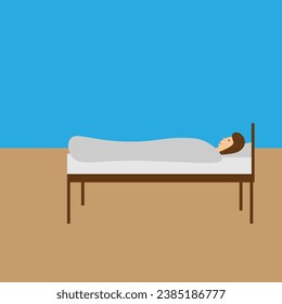 female patient lying in bed, in hospital, blue walls,