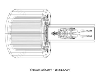 Female Patient Lying on a CT or MRI Scan. Wire-frame style. Vector 3d rendering