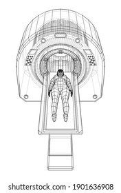 Female Patient Lying on a CT or MRI Scan. Wire-frame style. Vector 3d rendering