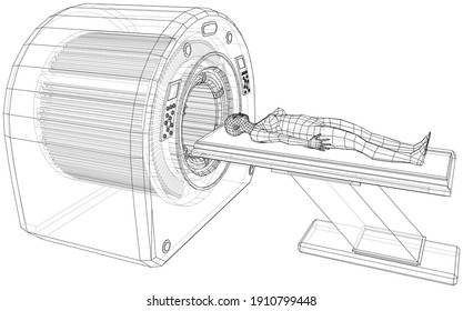 Female Patient Lying on a CT or MRI Scan. Wire-frame style. Vector 3d rendering