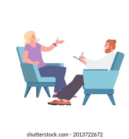Female patient and man psychologist, psychoanalyst or psychotherapist sitting in armchairs in front of each other and talking. Psychotherapeutic session, psychiatric aid. Flat vector illustration.