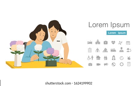 female patient with female occupational therapist arrange flowers together. . Cartoon character design with medical rehabilitation icon set