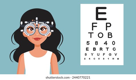 
Female Patient at Ophthalmology Control Vector Cartoon Illustration. Young adult having poor vision problems in eye test examination 
