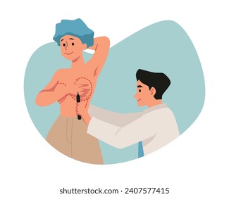 Female patient and plastic surgeon, cartoon vector illustration isolated on white background. Woman wants to change the shape of her breasts and is preparing for surgery, appearance changes.