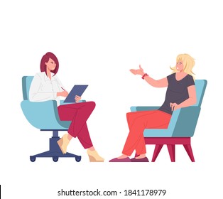 Female patient and psychologist, psychoanalyst or psychotherapist sitting in armchairs in front of each other and talking. Psychotherapeutic session, psychiatric aid. Flat cartoon vector illustration.