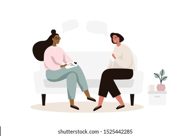 Female patient with psychologist or psychotherapist sitting on sofa. Psychotherapy session. Mental health, depression. Flat vector illustration.