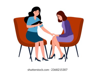 Female patient with psychologist or psychotherapist sitting on sofa. Psychotherapy session. Mental health, depression.