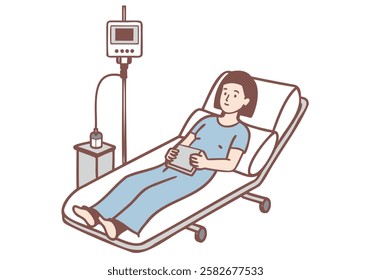 female patient rest in clinic, monitored with electronic devices. Healthcare and medicine. Hand drawn style vector design illustrations.
