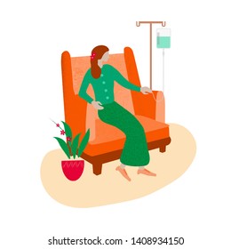 A Female Patient Sitting On A Comfortable Sofa Chair Getting A Chemotherapy Or Intravenous Medication.  Medical Treatment Concept. Medical Vector Illustration.  