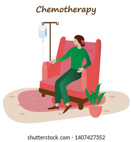 A Female Patient Sitting On A Sofa Chair Getting Chemotherapy Or Intravenous Medication.  Medical Treatment Concept. Medical Vector Illustration. 