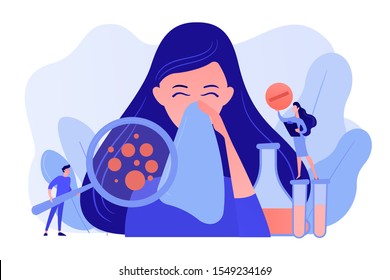 Female patient sneezing, taking a pill from doctor and allergen under magnifier. Allergic diseases, allergy reaction, antihistamines therapy concept. Pinkish coral bluevector vector isolated