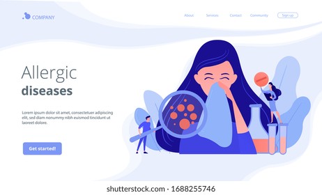 Female patient sneezing, taking a pill from doctor and allergen under magnifier. Allergic diseases, allergy reaction, antihistamines therapy concept. Website vibrant violet landing web page template.