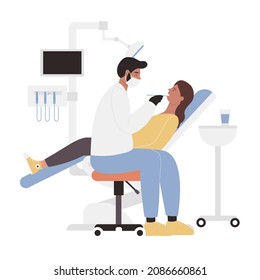 Female patient at stomatology and dental room. Dentist examining girl in dental chair cartoon vector illustration