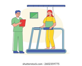 Female patient in therapy learning to walk in hospital, recovery process. Design character. Vector flat illustration