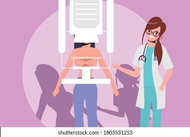 Female Patient Undergoing Mammogram Screening Procedure. Woman Cancer Preventive Mammography Scan with doctor. Breast cancer awareness month.