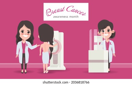 Female Patient Undergoing Mammogram Screening Procedure. Woman Cancer Preventive Mammography Scan with doctor. Breast cancer awareness month.