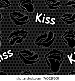 Female pattern lips. Mouth with a kiss, smile, tongue and kiss me lettering on background. Vector comic lips kiss seamless pattern in pop art retro style. Abstract kiss seamless pattern for girls