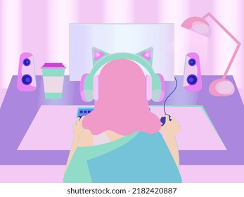 Female pc gamer. Gamer pink neon room. Video games