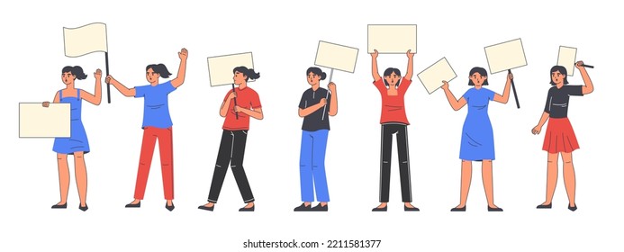 Female peaceful protest, women holding placards. Protesting activists, women rights and equality protest, woman manifestation activist group flat vector illustrations. Female strike concept