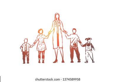 Female pediatrician, boys and girls holding hands, children doctor with little patients, health care. Pediatric hospital, medical institution for kids concept sketch. Hand drawn vector illustration