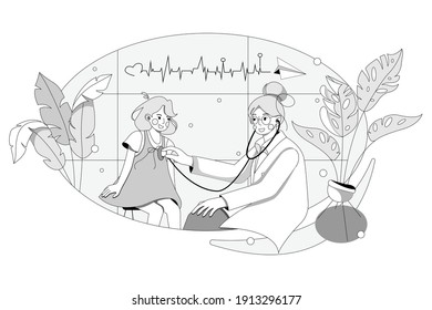 Female pediatrician carrying out the auscultation of a little girl with stethoscope. Flat illustration isolated on white background.