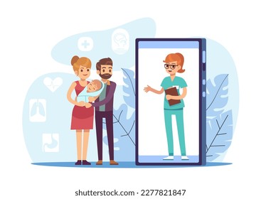 Female pediatrician consults young family with newborn baby online. Smartphone with woman doctor on screen. Medical service and tele medicine. Cartoon flat style isolated vector concept