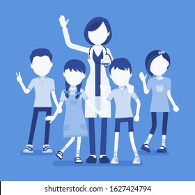 Female pediatrician doctor, medical practitioner for children. Professional physician, special training in kids care, to diagnose and treat childhood illnesses. Vector illustration