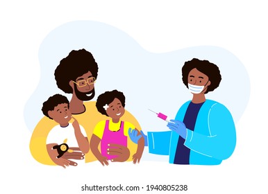 Female Pediatrician Doctor Vaccinate African Children.COVID pandemic Inoculation Concept illustration for immunity health. Father, Kids in hospital.Doctor in a medical Uniform.Flat Vector illustration