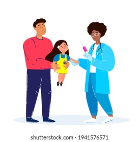 Female Pediatrician Doctor Vaccinate a Child Girl.Inoculation Concept illustration,immunity health.Father with Baby in hospital.Doctor in a medical Uniform.Flat Vector illustration on white background