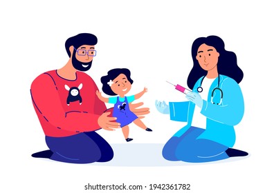 Female Pediatrician Doctor Vaccinate a Child Girl. Inoculation Concept illustration,immunity health.Father with Baby in hospital.Doctor in a medical Uniform.Flat Vector illustration on white background