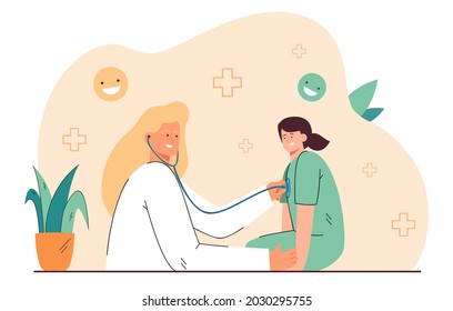 Female pediatrician examining sick girl with stethoscope. Pediatric assessment, physical examination of child flat vector illustration. Pediatric concept for banner, website design or landing web page