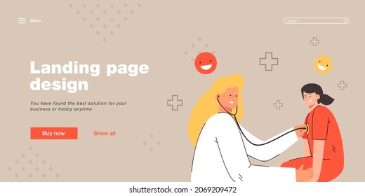 Female Pediatrician Examining Sick Girl With Stethoscope. Pediatric Assessment, Physical Examination Flat Vector Illustration. Pediatrics Concept For Banner, Website Design Or Landing Web Page