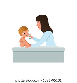 Female pediatrician in white coat doing inhalation to infant baby, treatment of sore throat, healthcare for children vector Illustration on a white background