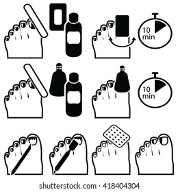 Female Pedicure and  gel hybrid titanium  nails preparation for varnish removal with different methods such as soak-off , foil wrap icons set in black and white 
